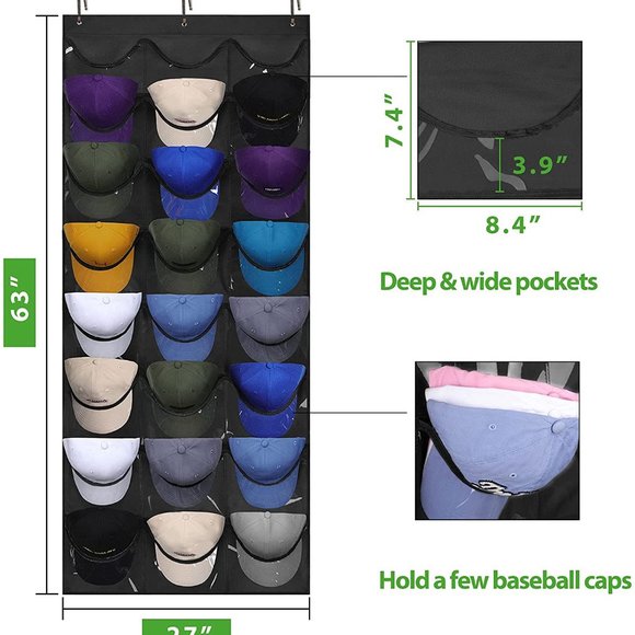 24 Deep Pockets- Hat Organizer - Hat Racks for Baseball - Wall Door with 3 Hooks - Picture 6 of 7